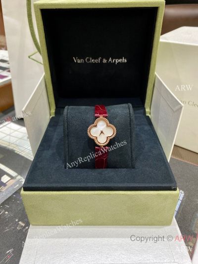 High Quality Replica VAN CLEEF & ARPELS Sweet Alhambra Red Crocodile Leather Strap Mother-of-Pearl Face Dial 18K Rose Gold Case Watch 22.7mm
